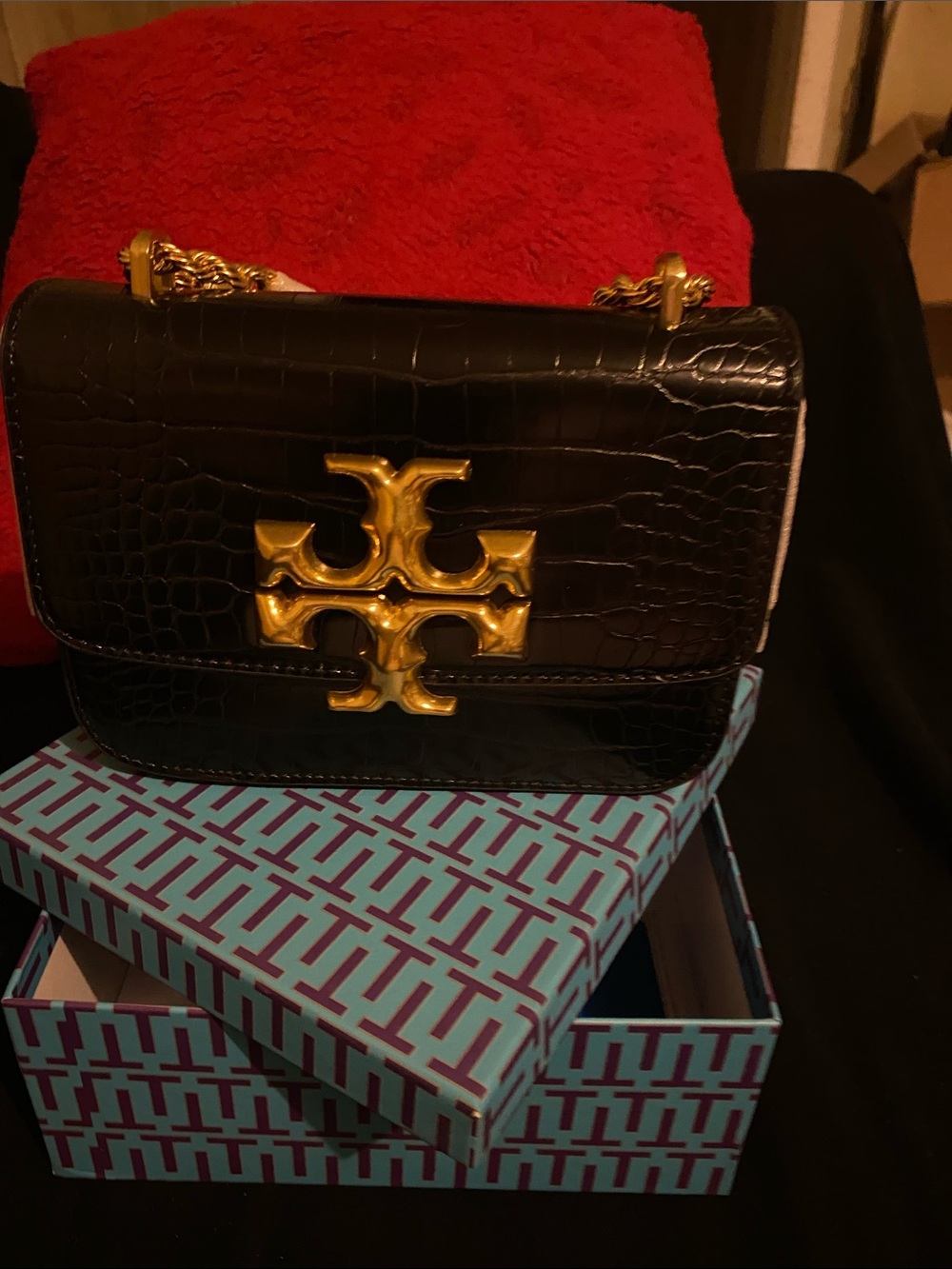 Tory Burch Black Croc-Embossed Shoulder Bag with Gold Logo Hardware